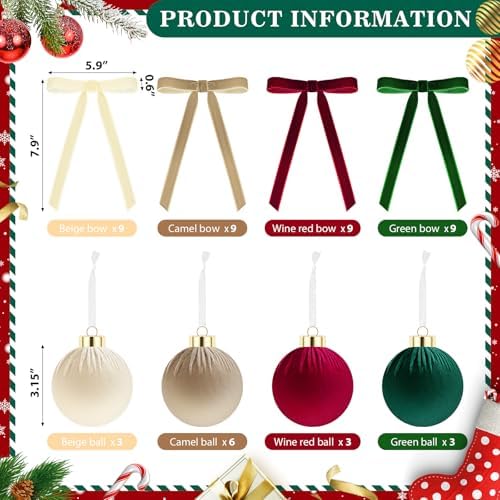 51 Pcs Christmas Velvet Ornaments 15 Pcs Christmas Tree Decor Balls 3.14" 36 Pcs Velvet Vintage Ribbon Bows 5/8" Wide 6 * 8" for Xmas Tree Hanging Decorations Home Indoor Decor (Four Colors) - Image 2