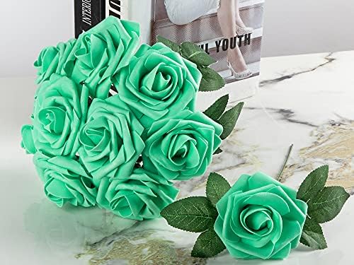 Artificial Flower Foam Rose 25pcs Real Looking Fake Rose with Stems Leaves for Home Decoration Party Garden Centerpieces DIY Wedding Bouquets（Tiffany） - Image 6