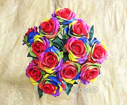Ooki 12 Long Stem Artificial Silk Rainbow Rose Flower Bush Bouquet for DIY Any Arrangement Home Decor Wedding Party Celebration by Ooki