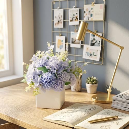 TKAS Fake Flowers Arrangement in Ceramic Vase, Artificial Faux Silk Hydrangea, Small Realistic Dried-Style Floral Centerpiece for Dining Table, Wedding Party Home Decoration (Blue) - Image 3