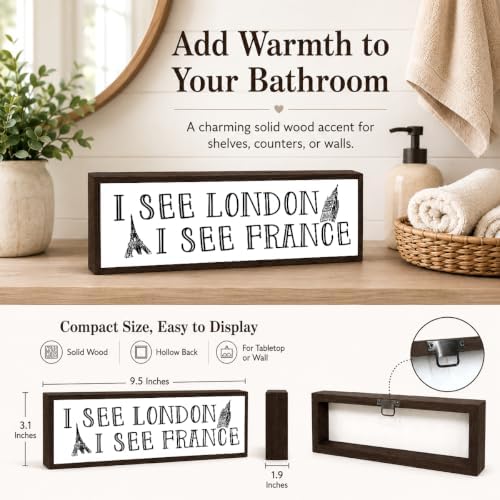 Bathroom Wooden Sign, Travel Style Bathrooms Sign Decor, Paris London Theme Solid Wood Wall Signs, Funny Farmhouse Bathroom Wall Decor, Unique Bathrooms Decorative Gift, 9.5 x 3.1 Inches - Image 4