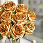 JUSTOYOU 10 PCS Artificial Roses Flowers, Realistic Blossom Roses, Real Touch Silk Rose, Single Fake Flower Long Stem Bouquets for Home Wedding Party Decoration (10Pcs, Gold) - Image 4