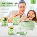 Green Bathroom Accessories Set 5 Pcs, Glass Bathroom Set, Soap Dispenser with Rust Foaming Pump, Soap Dish, Cup, Acrylic Toothbrush Holder Vanity Tray, Cotton Balls Holder, Bathroom Counter Decor - Image 2