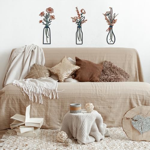 Pigort 3 Pieces Metal Flowers Wall Arts - Rustic Farmhouse Decor Minimalist Flower Wall Decors for Living room Bathroom Bedroom Dining Room-Housewarming Gifts - Image 3