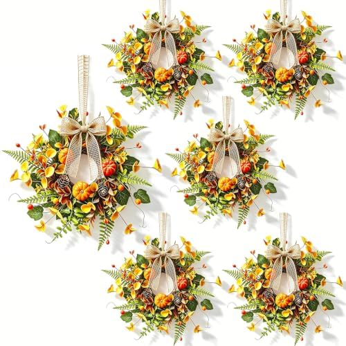 6 PCS Mini Fall Wreaths for Kitchen Cabinets Small Fall Hanging Wreath with Pumpkins Pinecones Berries Eucalyptus Thanksgiving Wreath for Front Door Window Cabinet Farmhouse Decor by Unknown