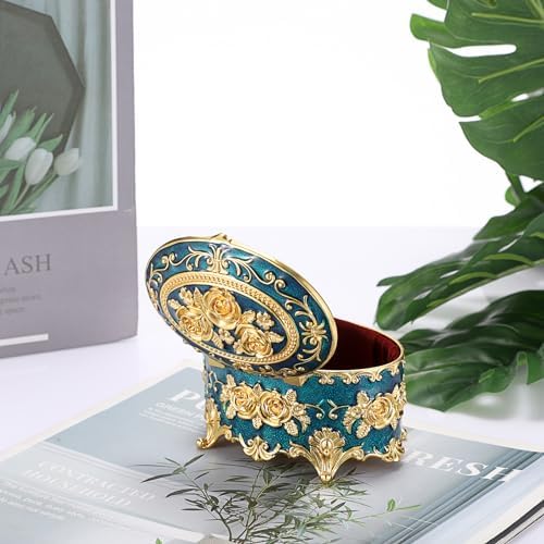 Hipiwe Vintage Metal Jewelry Box - Oval Trinket Ring Case with Gold Rose - Image 7