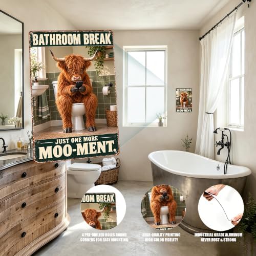 Funny Highland Cow Bathroom Decor Rustic Farmhouse Tin Sign - Image 6