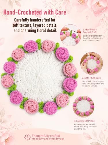 Crochet Flower Bouquet Coasters, Cotton Rose Gifts for Home Decor 4Pcs - Image 4