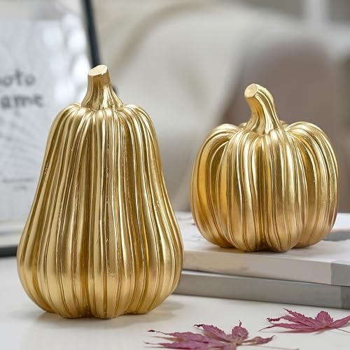FESTGLOX Gold Fall Pumpkin Decor, Resin Pumpkin Figurines for Decorating - Image 3
