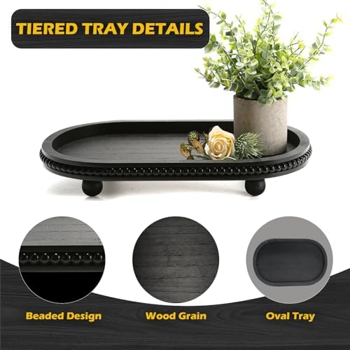 Wooden Decorative Tray for Coffee Table, Black Beaded Oval Tray Home Decor - Image 2