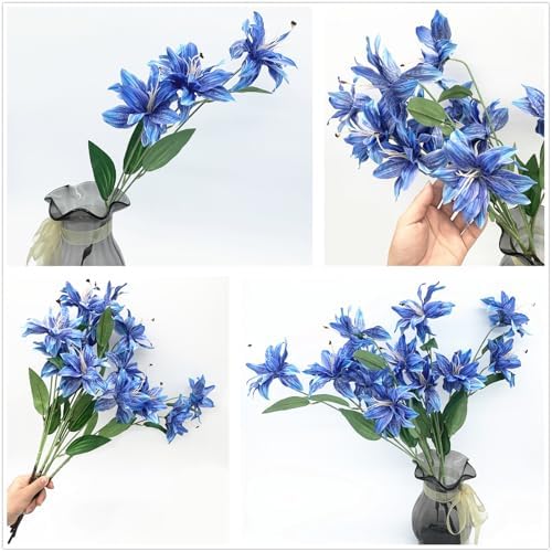 Artifical Lily Flowers Fake Stargazer Lilies Flower Bundles 4 Pack, Faux Silk Lily Floral Stems for Indoor Outdoor Home Garden Decor Office Party Wedding Arrangement Bouquets DIY Decoration - Blue - Image 4