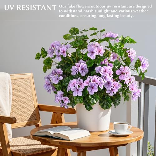 Artificial Geraniums for Outdoors, 8 Stems 17.7 Inch Purple Faux Geranium Bush Fake Flowers UV Resistant Fall Porch Patio Garden Planter Window Box Indoor Decor, Pot Not Included - Image 5