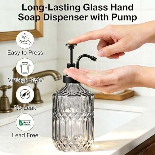 Amolliar 12 Oz Glass Soap Dispenser with Plastic Pump,Dark Grey,1 Pack - Image 3