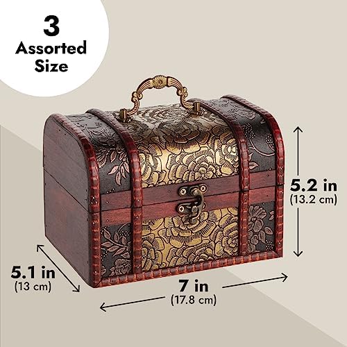Juvale Wooden Treasure Chest Set - 3 Nesting Boxes, Brown Floral - Decorative Storage & Jewelry Box with Hinged Lid, Vintage Antique Decor - Image 3