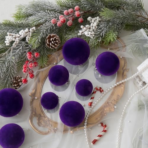 46Pcs Velvet Christmas Ball Ornaments Set - Flocked Shatterproof Christmas Tree Decorations Classic Hanging Ornaments with Rope for Xmas Wreath Holiday Home Decor (Multi-Size, Purple) - Image 3