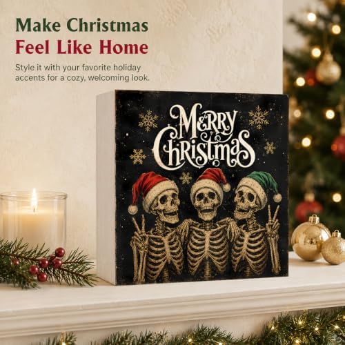 Christmas Decorations Gothic Funny Skeleton Santa Wooden Box Sign - Image 5