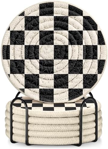 Absorbent Cup Coasters Set of 6 with Holder, Check Pattern by Kokaaee