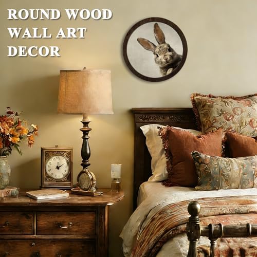 CFFJLHN Vintage Easter Bunny Wall Art Decor, Neutral Farmhouse Spring Cottage Easter Rabbit Bunny Round Hanging Wall Decor for Home Bedroom Living Room, 10x10 Inch - Image 2