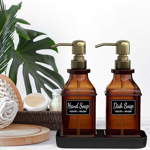 LMQML Soap Dispenser - 2 Pack, Antique Design Thick Amber Glass Hand Soap Dispensers with Sturdy Tray; 304 Rust Proof Stainless Steel Black Pump, 12Pcs Stickers, for Kitchen, Bathroom - Brushed Gold - Image 5