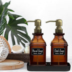 LMQML Soap Dispenser - 2 Pack, Antique Design Thick Amber Glass Hand Soap Dispensers with Sturdy Tray; 304 Rust Proof Stainless Steel Black Pump, 12Pcs Stickers, for Kitchen, Bathroom - Brushed Gold - Image 5