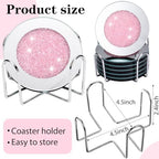 Jetec 6 Pcs Mirrored Glass Coasters with Holder, Bling, Pink, 4 Inch - Image 2