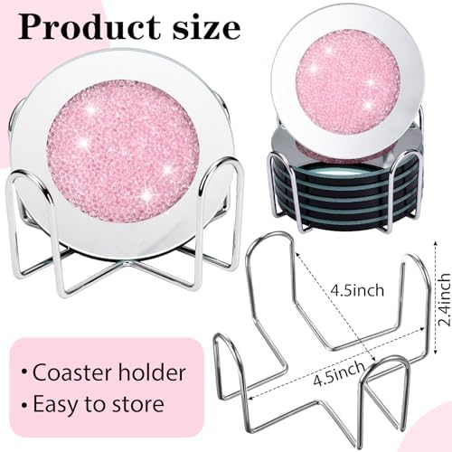 Jetec 6 Pcs Mirrored Glass Coasters with Holder, Bling, Pink, 4 Inch - Image 2