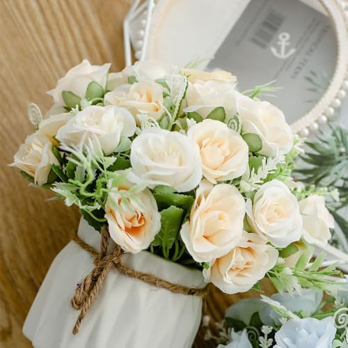 TKAS Fake Flowers Arrangement in Ceramic Vase, Artificial Faux Silk Roses, Small Realistic Dried-Style Floral, Dining Table Centerpiece for Wedding Party Home Decoration (Champagne White) - Image 3