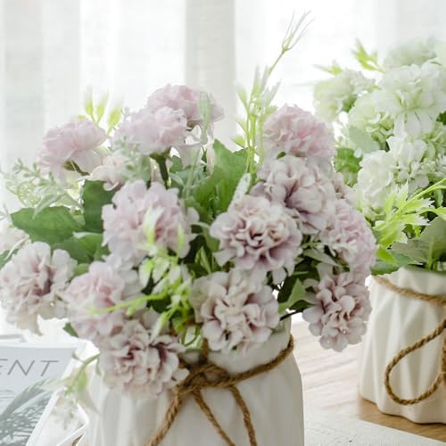 TKAS Fake Flowers Arrangement in Ceramic Vase, Artificial Faux Silk Hydrangea, Small Realistic Dried-Style Floral, Dining Table Centerpiece for Wedding Party Home Decoration (Purple) - Image 2