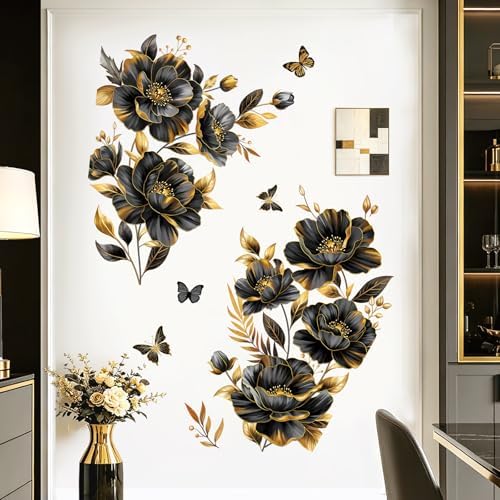 decalmile Black Gold Flower Peony Floral Leaves Sofa Wall Decals Stickers - Image 2