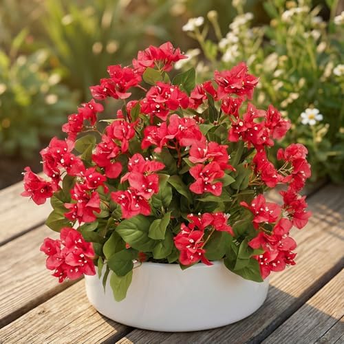 Bougainvillea Artificial Faux Bougainvillea Outdoor 4 Pack Fake Bougainvillea Hanging Flowers Artificial Bougainvillea for Indoor Home Porch Garden Decor Spring Flowers No Vases(Red) - Image 5