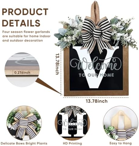 Ultra Large 14'' Last Name All Year Round Front Door Wreath with 26 Initial Letter Welcome Sign All Seasons Eucalyptus Garland and Bow Wreaths for Front Door Porch Farmhouse Decoration (V) - Image 4