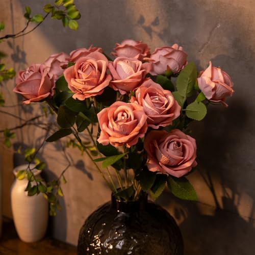12 Pcs Artificial Rose Flowers, Silk Roses with Long Stems, Realistic Fake Roses for Wedding Centerpiece Party Home and Office DIY Decor, Cappuccino - Image 5