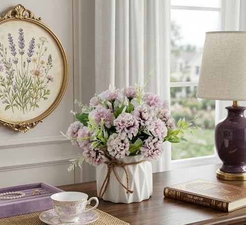 TKAS Fake Flowers Arrangement in Ceramic Vase, Artificial Faux Silk Hydrangea, Small Realistic Dried-Style Floral, Dining Table Centerpiece for Wedding Party Home Decoration (Purple) - Image 4