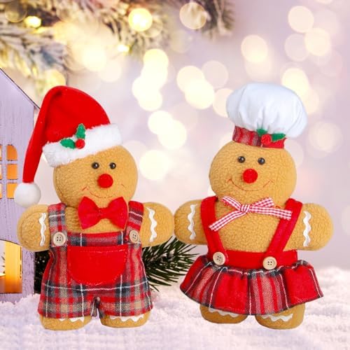 BWFY Set of 2 Christmas Decorations Indoor Gingerbread Man with Chef Hat Bowknot for Christmas Ornament Home Decor Gingerbread Doll for Gift Door Window Table Tree Holiday Xmas Season Decor - Image 7
