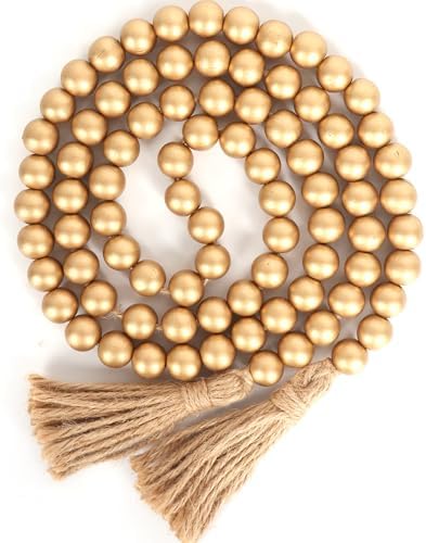 RAMIRABI 58in Wood Bead Garland, Farmhouse Rustic Country Decor, Gold by RAMIRABI