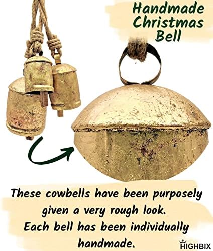 HIGHBIX Set of 3 Giant Harmony Cow Bells Huge Vintage Shabby Chic Handmade Rustic Lucky Christmas Hanging XL Bells On Rope Country Rustic (Small) - Image 4