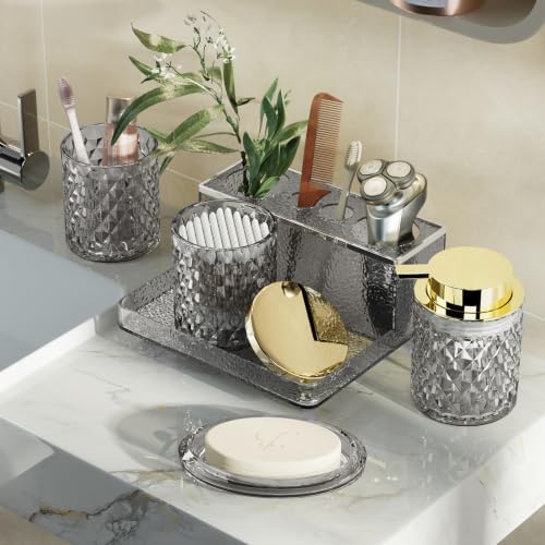 Glass Bathroom Accessories Set 5Pcs Crystal Black, Foaming Soap Dispenser, Soap Dish, Cup, Acrylic Toothbrush Holder with Tray Organizer, Cotton Swab Jar, Bathroom Counter Set Sink Decor - Image 6