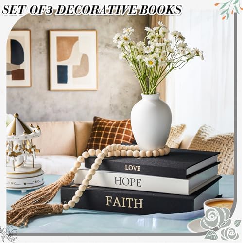 Faccito 3 Set Linen Decorative Books with Beaded Garland, Classic, Black - Image 6