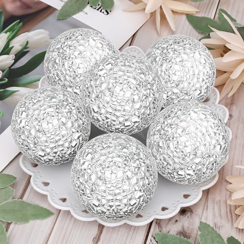 6 Pcs Decorative Balls for Bowls,2.4" Silver Mosaic Glass Balls - Image 4
