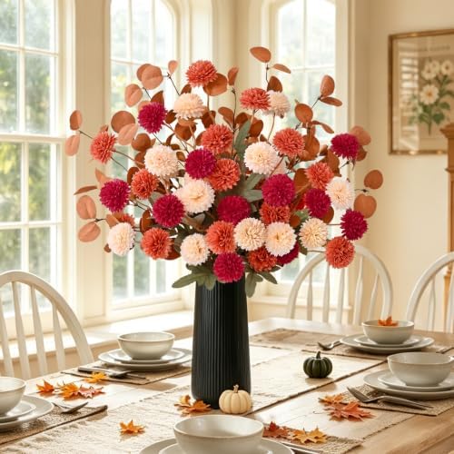 12 Pcs Realistic Fall Flowers Fake Mums with Vase, Full Silk Pompon Bulk - Image 4