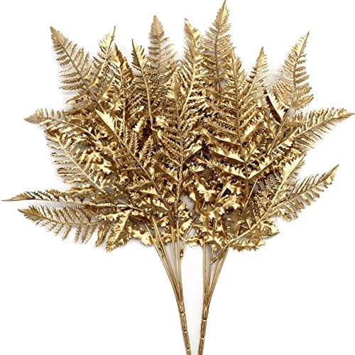 CATTREE Christmas Artificial Plants Decoration, Plastic Golden Shrubs Plant Simulation Boston Leaves Fake Fern Grass for Wedding Party Indoor DIY Home Office Table Centerpieces Decor - Gold 2 Pack by CATTREE