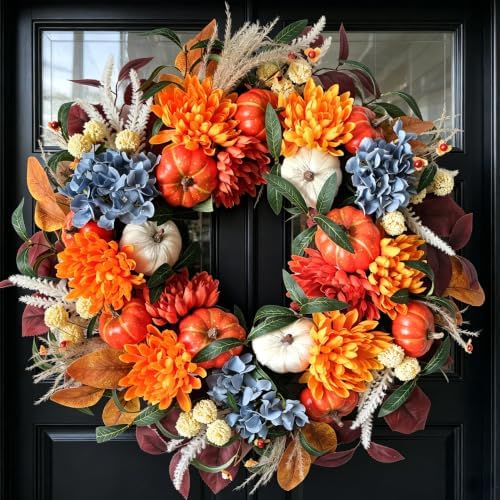 24-inch Fall Wreath Handcrafted Orange Blue Hydrangeas Pumpkins Wheat Front Door Wreath Corridor Courtyard Indoor Outdoor Decoration Thanksgiving Harvest Festival Party Celebration Decor by vivimemo
