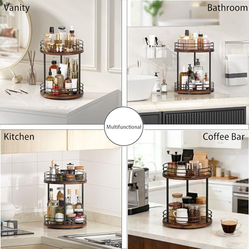 2-Tier Rotating Bathroom Countertop Organizer, Wooden Makeup Vanity Storage, Multifunctional Lazy Susan Turntable for Skincare, Perfume and Cosmetics (Brown) - Image 4