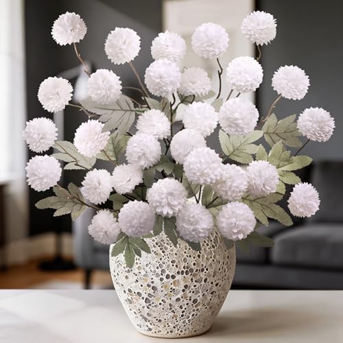 12 Pcs Artificial Mums with Long Stems 20 Inch White Faux Flowers for Vase - Image 2
