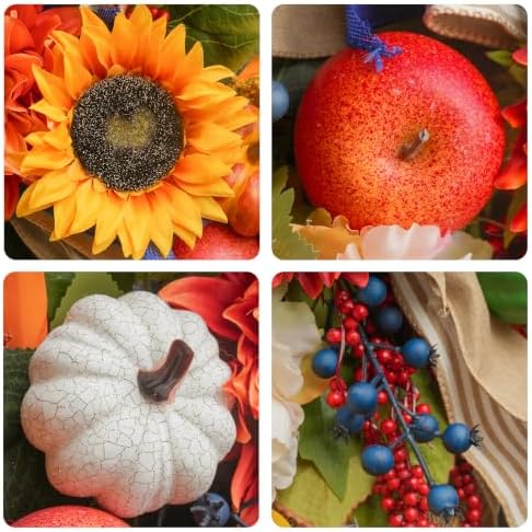 Fall Wreaths for Front Door 24 Inch Autumn Harvest Sunflower Apple Wreath - Image 4