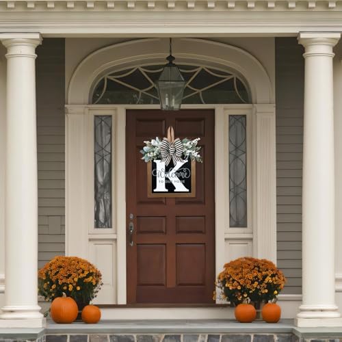 Ultra Large 14'' Last Name All Year Round Front Door Wreath with 26 Initial Letter Welcome Sign All Seasons Eucalyptus Garland and Bow Wreaths for Front Door Porch Farmhouse Decoration (K) - Image 6