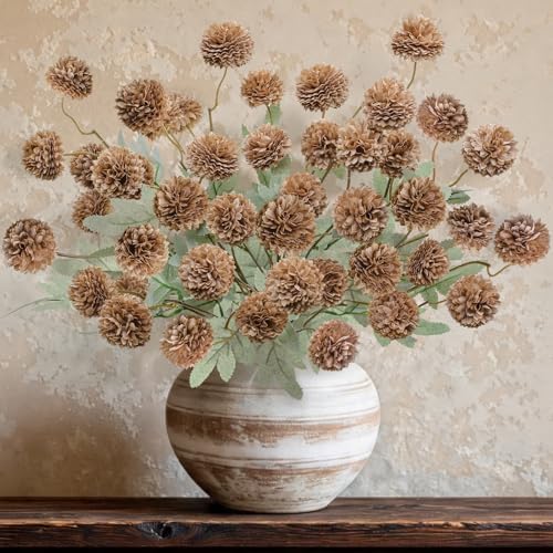 INQCMY 12 Pcs Brown Faux Flowers for Vase 20 Inch Artificial Mums Indoor - Image 2