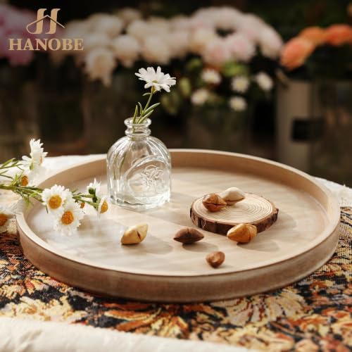 Hanobe Round Decorative Tray for Coffee Table Decor, Weathered White Finish - Image 2