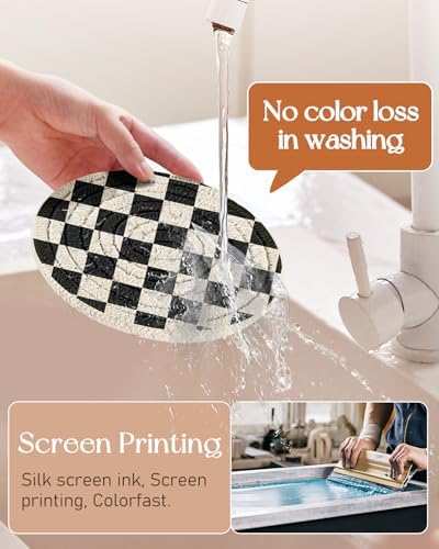 Absorbent Cup Coasters Set of 6 with Holder, Check Pattern - Image 2
