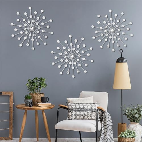 DXYAKY Set of 3 Modern Starburst Wall Decor, Metal Wall Sculpture with Crystal Accents, Silver 3D Wall Art for Living Room, Bedroom & Home, Elegant Hanging Wall Decoration - Image 2
